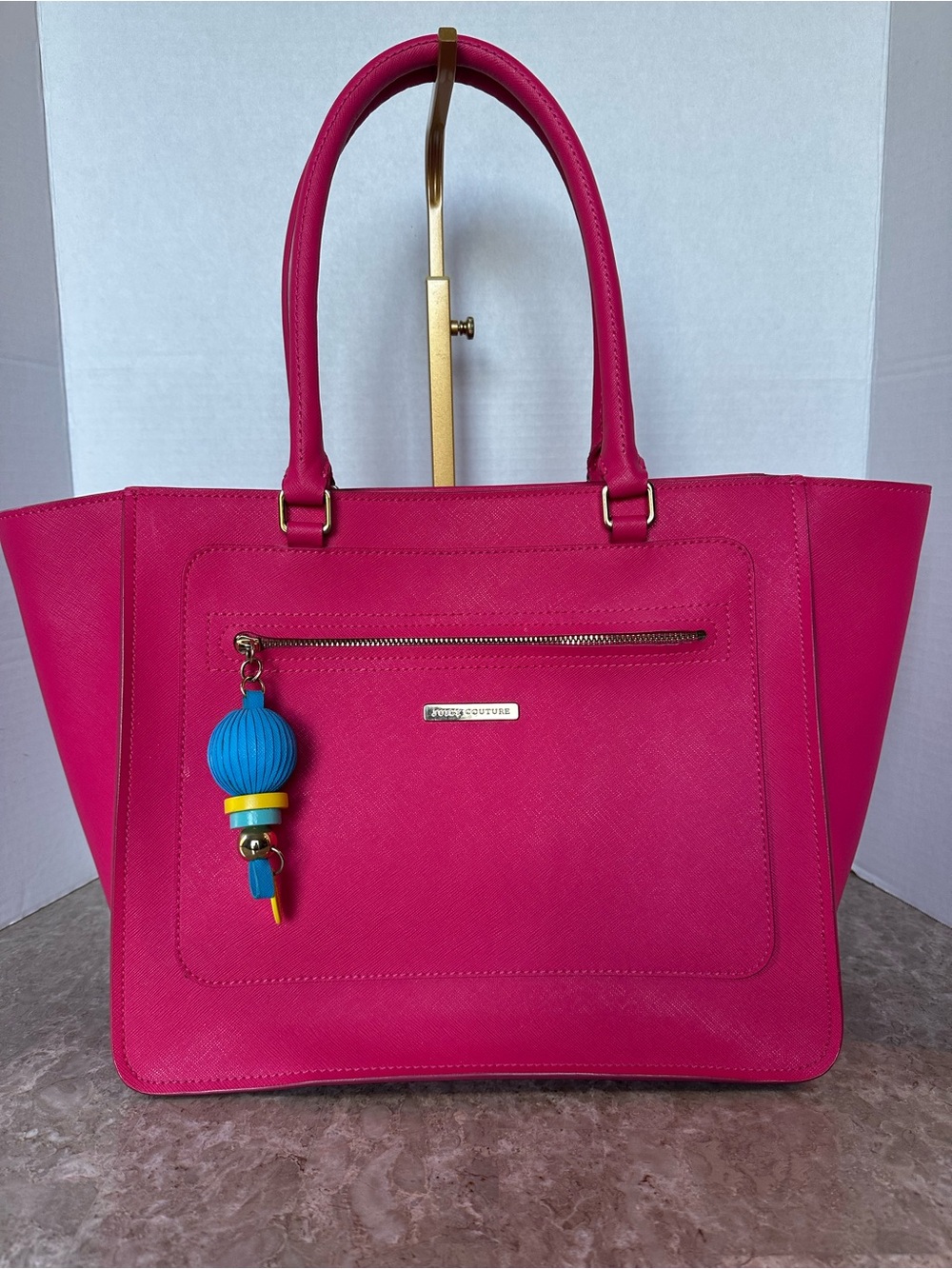 Juicy Couture Larchmont Hot Pink Saffiano Faux Leather Tote Shoulder Bag Charm
